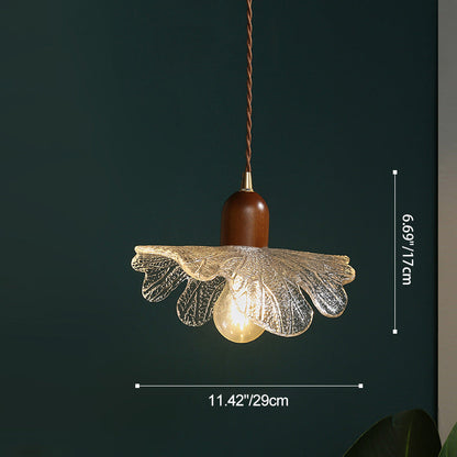 Traditional Vintage Floral Brass Wood Glass Shade 1-Light Pendant Light For Living Room