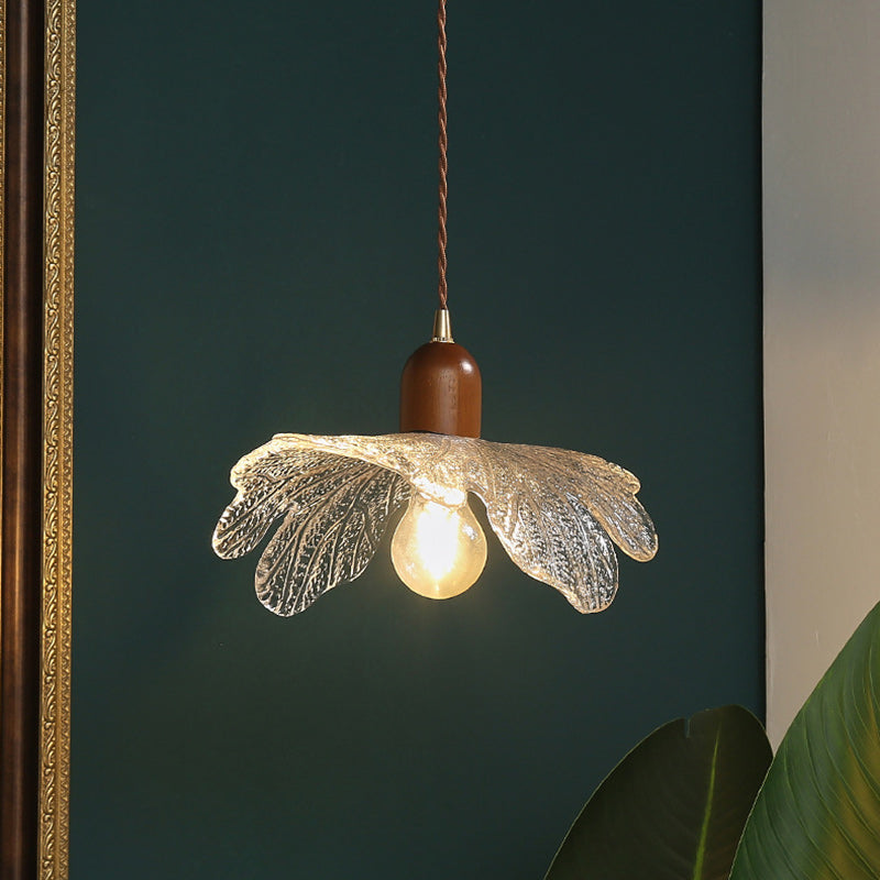 Traditional Vintage Floral Brass Wood Glass Shade 1-Light Pendant Light For Living Room