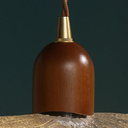 Traditional Vintage Floral Brass Wood Glass Shade 1-Light Pendant Light For Living Room