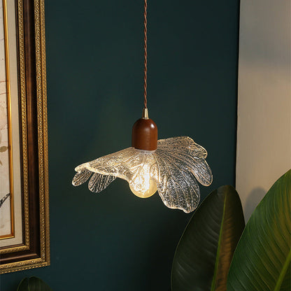 Traditional Vintage Floral Brass Wood Glass Shade 1-Light Pendant Light For Living Room