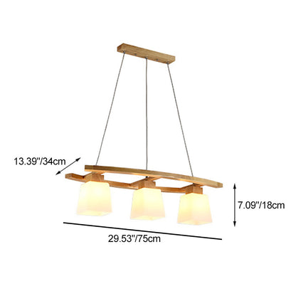 Contemporary Nordic Rectangular Trapezoidal Glass Shade Wooden Frame 3-Light Island Light Chandelier For Dining Room