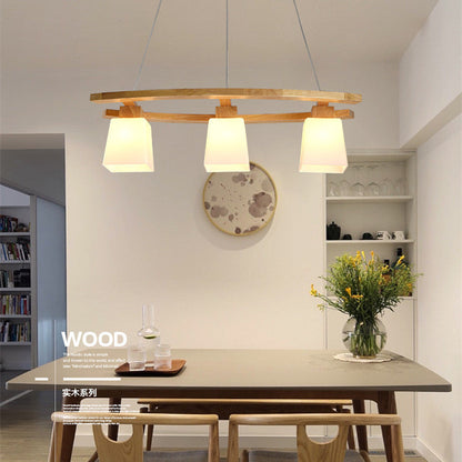 Contemporary Nordic Rectangular Trapezoidal Glass Shade Wooden Frame 3-Light Island Light Chandelier For Dining Room