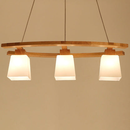 Contemporary Nordic Rectangular Trapezoidal Glass Shade Wooden Frame 3-Light Island Light Chandelier For Dining Room