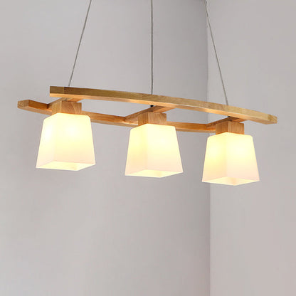 Contemporary Nordic Rectangular Trapezoidal Glass Shade Wooden Frame 3-Light Island Light Chandelier For Dining Room