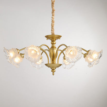 Traditional French Branch Curved Rod Flared Flower Iron Glass 5/6/8/10 Light Chandelier For Living Room