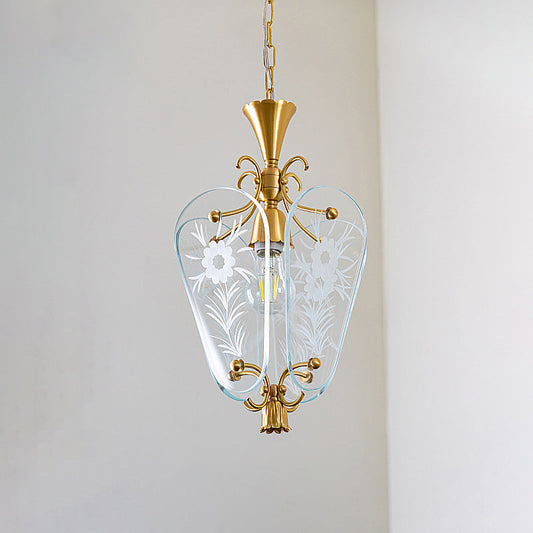 Modern Mid-Century Quadrilateral Oval Floral Glass Shade Iron Frame 1-Light Pendant Light For Living Room
