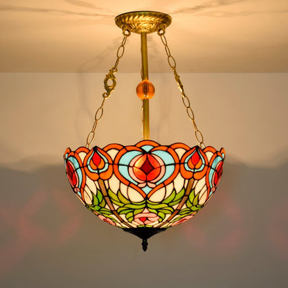 Traditional Tiffany Round Dome Peach Iron Stained Glass Shade 3-Light Chandelier For Living Room