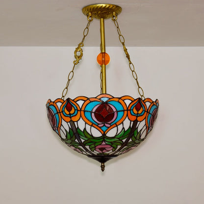 Traditional Tiffany Round Dome Peach Iron Stained Glass Shade 3-Light Chandelier For Living Room