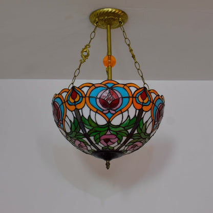 Traditional Tiffany Round Dome Peach Iron Stained Glass Shade 3-Light Chandelier For Living Room