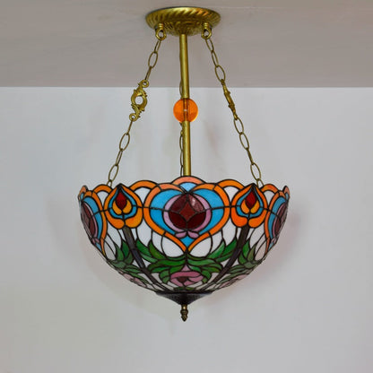 Traditional Tiffany Round Dome Peach Iron Stained Glass Shade 3-Light Chandelier For Living Room