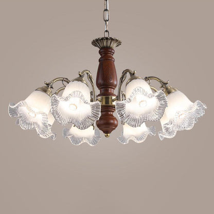 Modern Mid-Century Branch Curved Rod Floral Iron Solid Wood Frame Glass Shade 3/5/8 Light Chandelier For Living Room