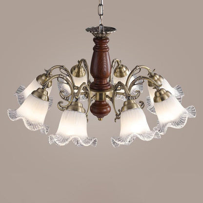 Modern Mid-Century Branch Curved Rod Floral Iron Solid Wood Frame Glass Shade 3/5/8 Light Chandelier For Living Room