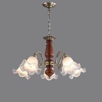 Modern Mid-Century Branch Curved Rod Floral Iron Solid Wood Frame Glass Shade 3/5/8 Light Chandelier For Living Room