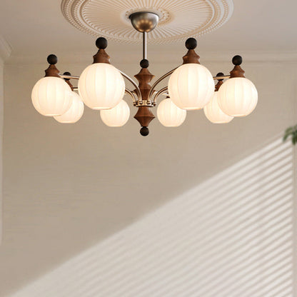 Modern Mid-Century Branch Curved Rod Iron Wood Frame Orb Striped Glass Shade 8-Light Chandelier For Living Room