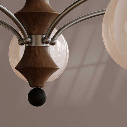 Modern Mid-Century Branch Curved Rod Iron Wood Frame Orb Striped Glass Shade 8-Light Chandelier For Living Room