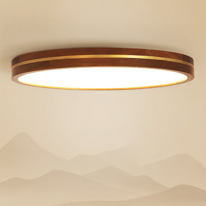 Modern Minimalist Round Wood Grain Copper LED Flush Mount Ceiling Light For Bedroom