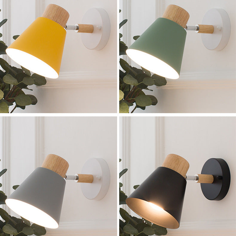 Modern Minimalist Round Horn Shape Wooden Iron 1-Light Wall Sconce Lamp For Bedroom