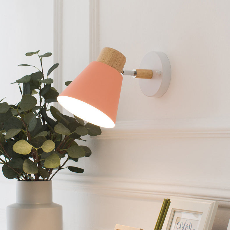 Modern Minimalist Round Horn Shape Wooden Iron 1-Light Wall Sconce Lamp For Bedroom