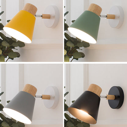 Modern Minimalist Round Horn Shape Wooden Iron 1-Light Wall Sconce Lamp For Bedroom