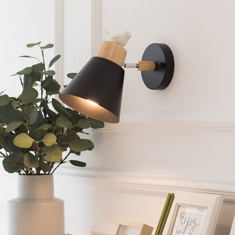Modern Minimalist Round Horn Shape Wooden Iron 1-Light Wall Sconce Lamp For Bedroom