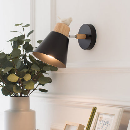 Modern Minimalist Round Horn Shape Wooden Iron 1-Light Wall Sconce Lamp For Bedroom