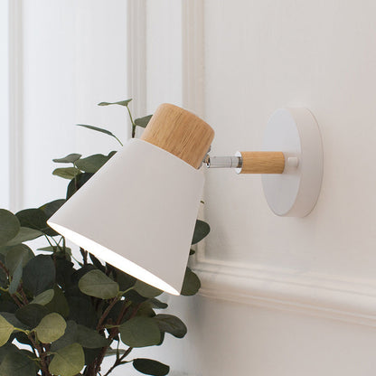Modern Minimalist Round Horn Shape Wooden Iron 1-Light Wall Sconce Lamp For Bedroom
