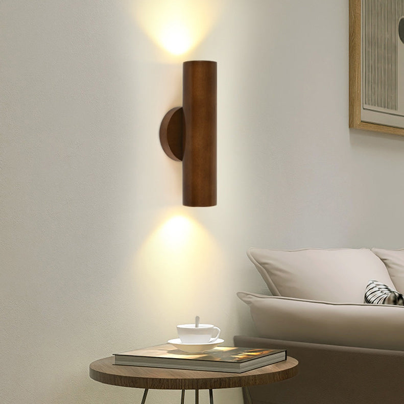 Modern Minimalist Cylinder Wood Grain Rubberwood LED Wall Sconce Lamp For Bedroom