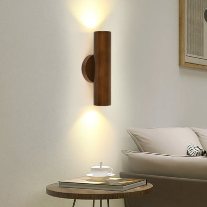Modern Minimalist Cylinder Wood Grain Rubberwood LED Wall Sconce Lamp For Bedroom