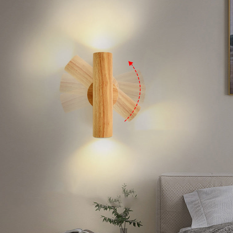 Modern Minimalist Cylinder Wood Grain Rubberwood LED Wall Sconce Lamp For Bedroom