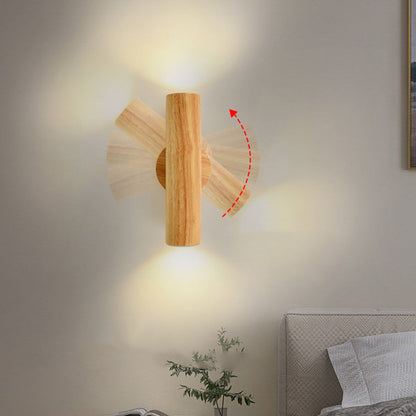 Modern Minimalist Cylinder Wood Grain Rubberwood LED Wall Sconce Lamp For Bedroom