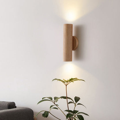 Modern Minimalist Cylinder Wood Grain Rubberwood LED Wall Sconce Lamp For Bedroom