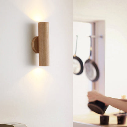 Modern Minimalist Cylinder Wood Grain Rubberwood LED Wall Sconce Lamp For Bedroom