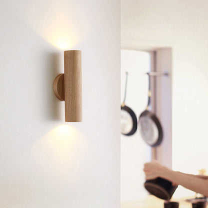 Modern Minimalist Cylinder Wood Grain Rubberwood LED Wall Sconce Lamp For Bedroom