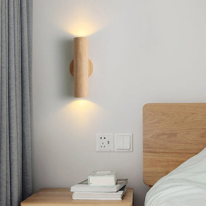 Modern Minimalist Cylinder Wood Grain Rubberwood LED Wall Sconce Lamp For Bedroom
