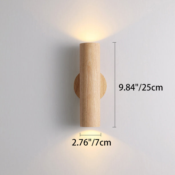 Modern Minimalist Cylinder Wood Grain Rubberwood LED Wall Sconce Lamp For Bedroom