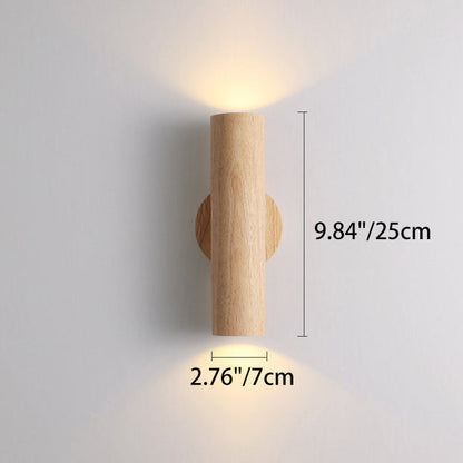 Modern Minimalist Cylinder Wood Grain Rubberwood LED Wall Sconce Lamp For Bedroom