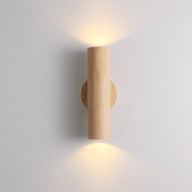 Modern Minimalist Cylinder Wood Grain Rubberwood LED Wall Sconce Lamp For Bedroom