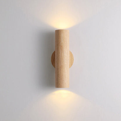 Modern Minimalist Cylinder Wood Grain Rubberwood LED Wall Sconce Lamp For Bedroom