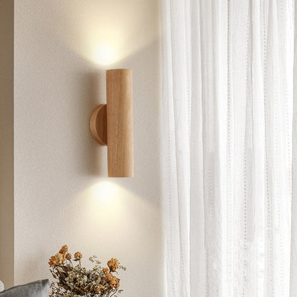 Modern Minimalist Cylinder Wood Grain Rubberwood LED Wall Sconce Lamp For Bedroom