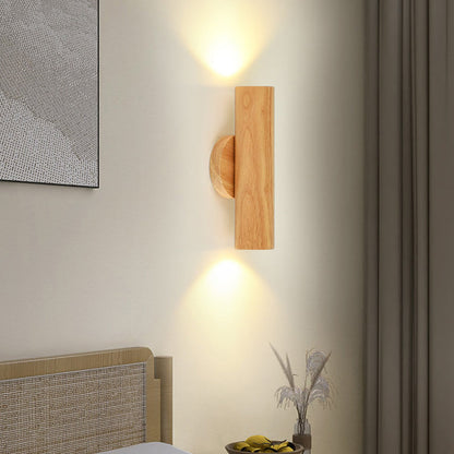 Modern Minimalist Cylinder Wood Grain Rubberwood LED Wall Sconce Lamp For Bedroom