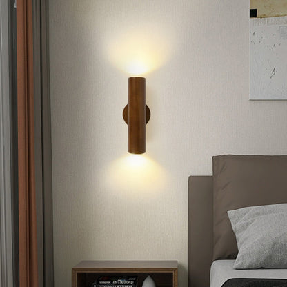 Modern Minimalist Cylinder Wood Grain Rubberwood LED Wall Sconce Lamp For Bedroom