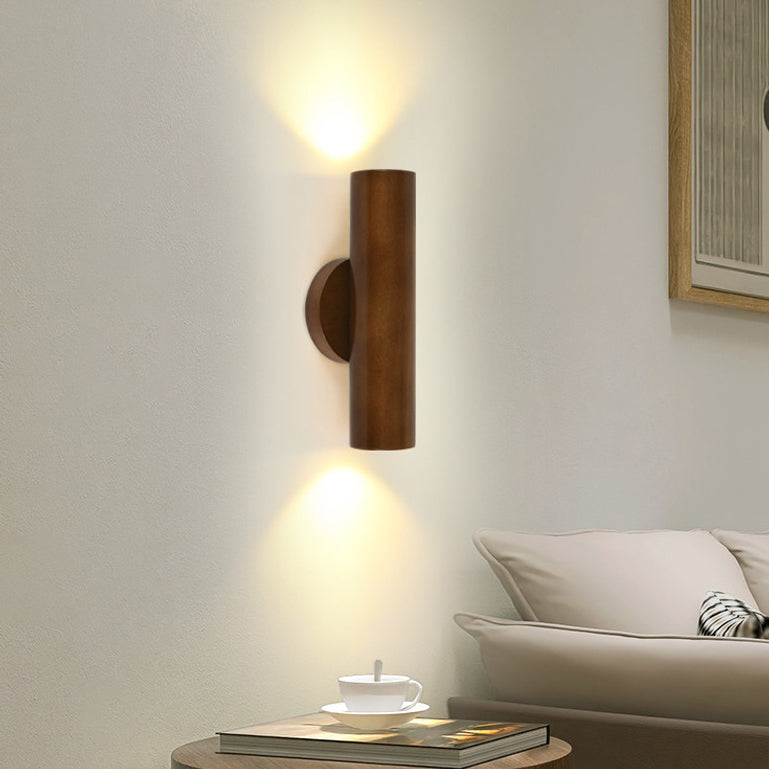 Modern Minimalist Cylinder Wood Grain Rubberwood LED Wall Sconce Lamp For Bedroom