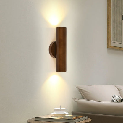 Modern Minimalist Cylinder Wood Grain Rubberwood LED Wall Sconce Lamp For Bedroom