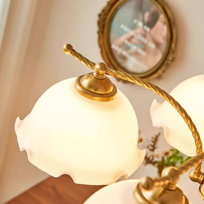 Traditional French Branch Flower Glass Shade Wooden Full Copper 3/5 Light Chandelier For Living Room