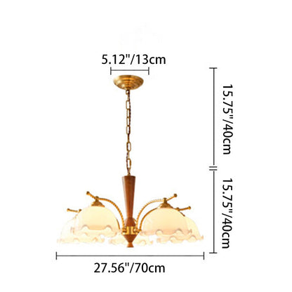 Traditional French Branch Flower Glass Shade Wooden Full Copper 3/5 Light Chandelier For Living Room
