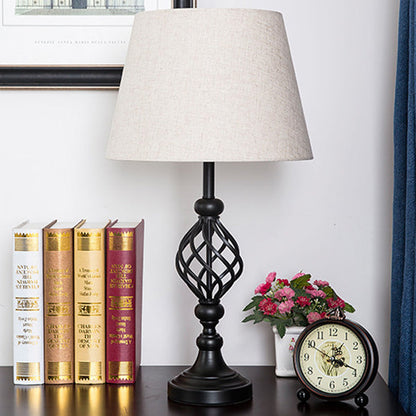 Modern Mid-Century Cylinder Round Fabric Shade Iron Base 1-Light Table Lamp For Bedroom