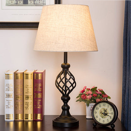 Modern Mid-Century Cylinder Round Fabric Shade Iron Base 1-Light Table Lamp For Bedroom