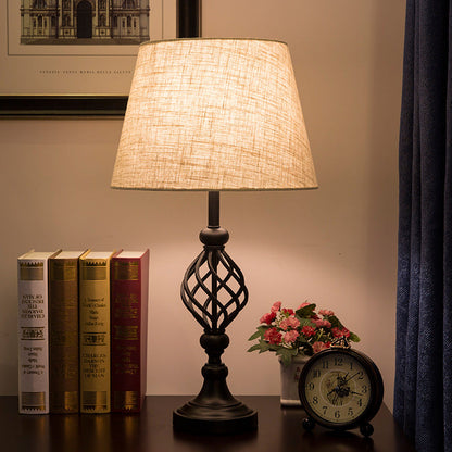Modern Mid-Century Cylinder Round Fabric Shade Iron Base 1-Light Table Lamp For Bedroom
