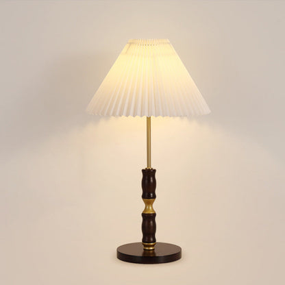 Traditional French Cylinder Cone Stripe Pleated Fabric Shade Solid Wood Metal 1-Light Table Lamp For Bedroom