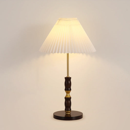 Traditional French Cylinder Cone Stripe Pleated Fabric Shade Solid Wood Metal 1-Light Table Lamp For Bedroom